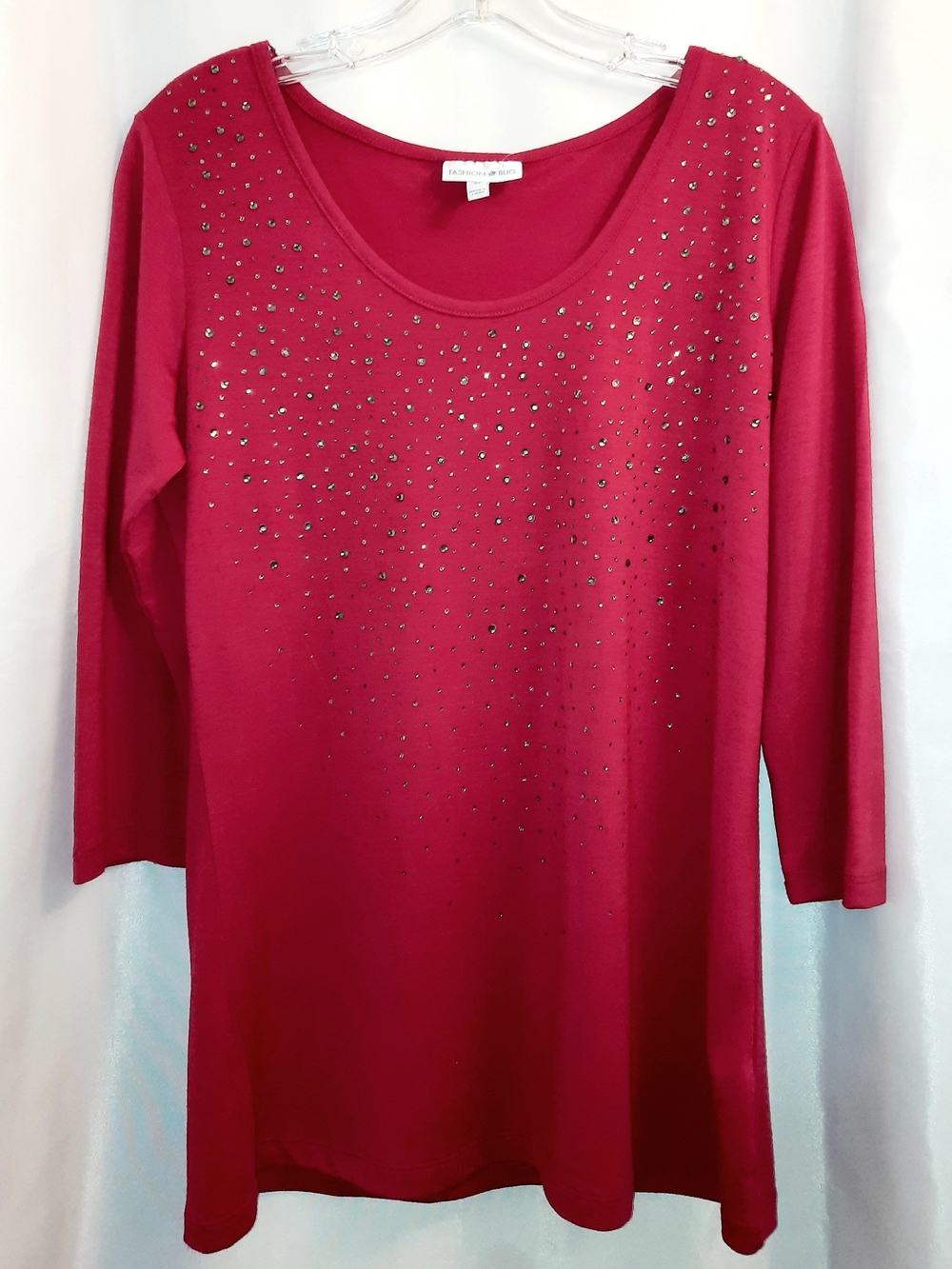 Fashion Bug Long Sleeve Red Scoop Neck Top + Rhinestones Women’s MD